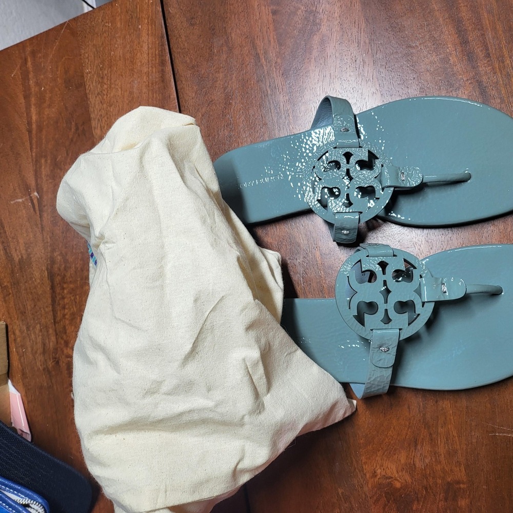 Tory Burch Miller Sandals Womens Size 8 Blue Synthetic Logo Thong Flat Slide - Picture 5 of 6
